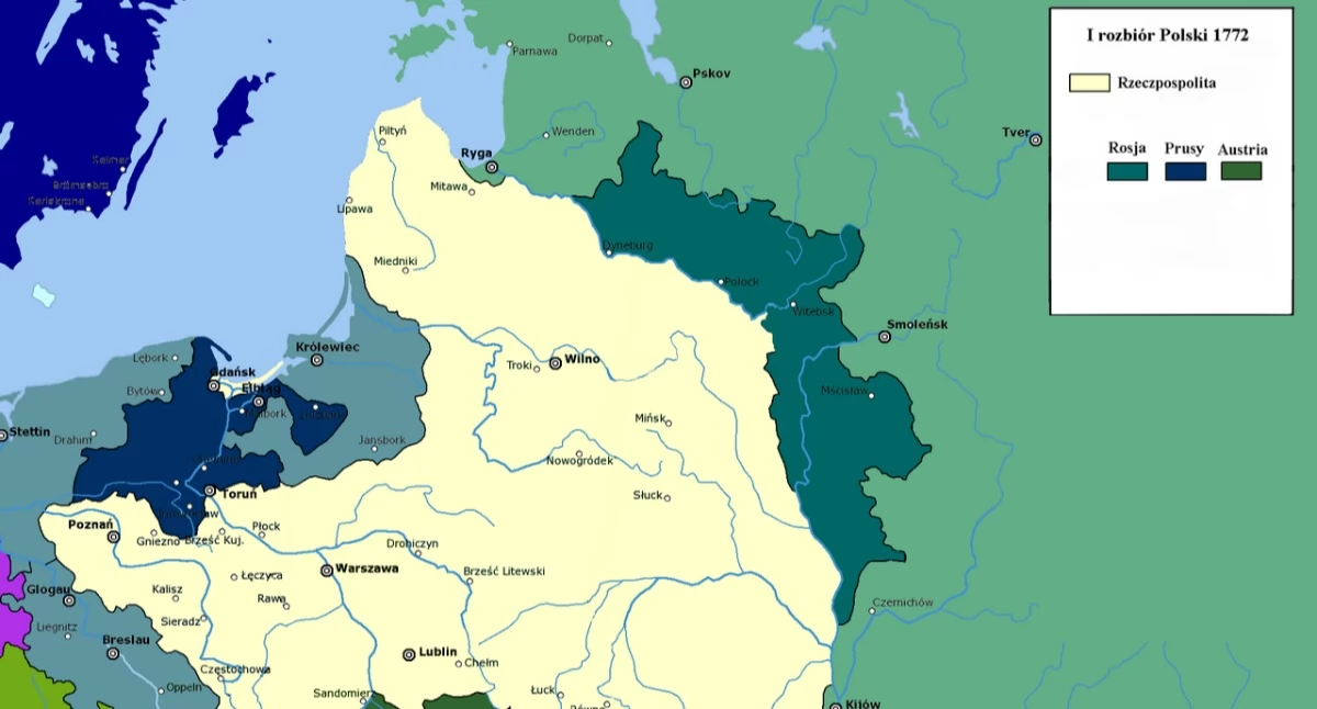 Ziemie zabrane przez trzy mocarstwa w I rozbiorze Polski  (Fot. Wikipedia)